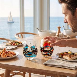 Artisanal Hand Painted Stemless Sailboat With Sunrise Set Of 2 Wine Glasses 2 Set Of