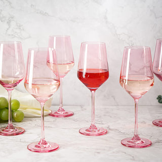 Set Of 6 Pink Colored Wine Glasses 12 Oz Hand Blown Italian Style Crystal Bordeaux Wine Glasses Prem
