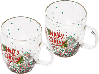 Set Of 2 Holly Jolly Christmas Design Tumbler Mugs Confetti Filled 9 5 Oz Decorated Christmas Glass