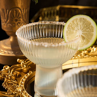 Ribbed Stemless Margarita Glasses With Gold Rim Set Of 2 Hand Blown Luxury Coupe Cocktail Martini Ch