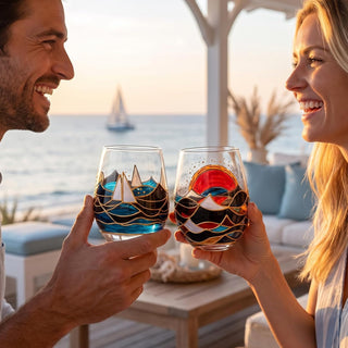Artisanal Hand Painted Stemless Sailboat With Sunrise Set Of 2 Wine Glasses 2 Set Of