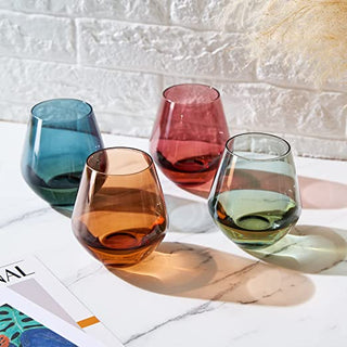 Colored Stemless Crystal Wine Glass Set Of 4 Gift For Her Him Wife Friend Large 16 Oz Glasses Unique