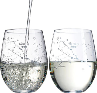Set Of 2 Zodiac Sign Wine Glasses With 2 Wooden Coasters By Astrology Drinking Glass