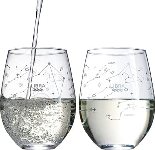 Set Of 2 Zodiac Sign Wine Glasses With 2 Wooden Coasters By Astrology Drinking Glass