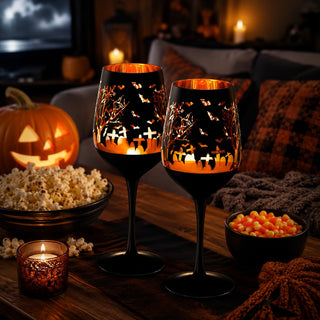 Crystal Halloween Stemmed Wine Glasses Set Of 2 Themed Vibrant Black Gold Etched Spooky Graveyard Pa