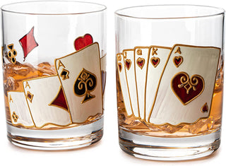 Artisanal Hand Painted Stemless Casino Set Of 2 Whiskey Glasses 2 Set Of Playing Car