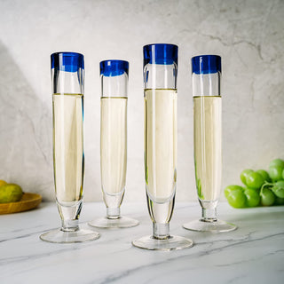 Hand Blown Cobalt Blue Rim Champagne Flutes Set Of 4 By Luxury Mexican Glassware Thi