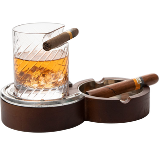 Horseshoe Cigar Coaster Ashtray With A Crystal Whiskey Cigar Glass In A Leather Case