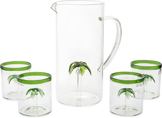 Palm Tree Pitcher Mexican Glassware Set With 4 Green Rim Palm Tree Glasses 9OZ By El