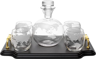 Etched World Map Globe Whiskey Decanter Set 750ML With 4 10OZ Map Glasses 13 H X 13 L By The Wine Sa