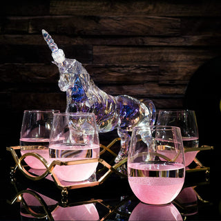 Iridescent Unicorn Wine Whiskey Decanter Set 750ML With 4 Pink Sparkle Glasses For Wine Whiskey Scot