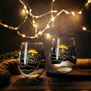 Artisanal Hand Painted Stemless Van Gogh Set Of 2 Wine Glasses 2 Set Of Tumblers Art