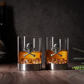 Skull Whiskey Glasses 11OZ Whiskey Rum Brandy Scotch Glasses Elegant Skull And Bones Badge Skeleton
