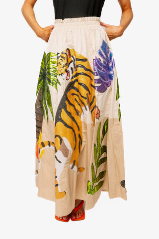 QOS Tiger & Palm Cotton Midi Skirt