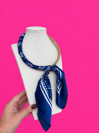 Scarf and Gold Bead Necklace - Navy and White