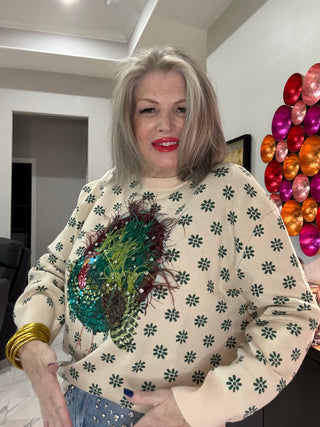 QOS Beige & Green Flower Print Feather Turkey Sweater