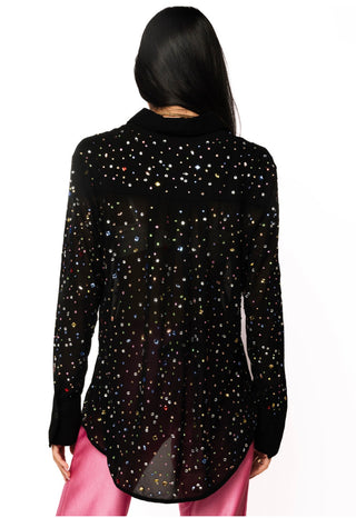 QOS Black Multi Rhinestone Button Up Top