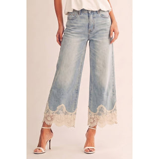Lace Hem Vintage Washed Wide Leg Denim Pants (Preorder)