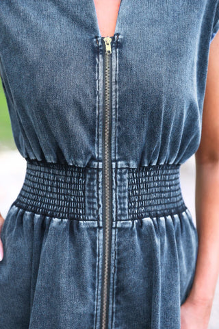 Refined Denim Zipper Dress- Light Wash
