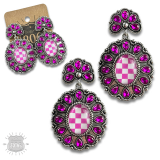 Western oval rhinestone earring with checkerboard inlay