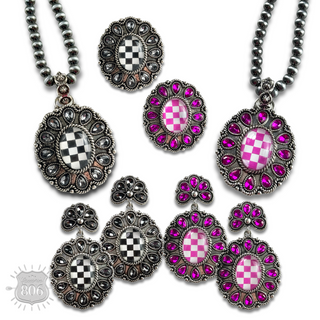 Western oval rhinestone pendant on burnished silver bead necklace