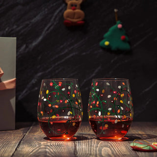 Stemless Christmas Lights Wine Glass Tumblers Glasses Set Of 2 Hand Painted Wine Ornament Light Bulb