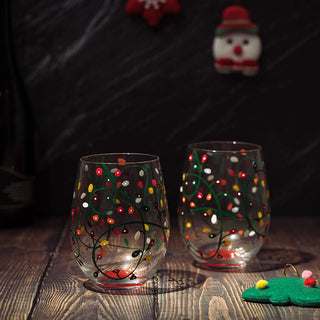 Stemless Christmas Lights Wine Glass Tumblers Glasses Set Of 2 Hand Painted Wine Ornament Light Bulb