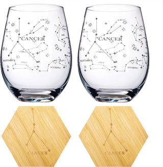 Set Of 2 Zodiac Sign Wine Glasses With 2 Wooden Coasters By Astrology Drinking Glass