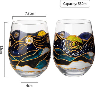 Artisanal Hand Painted Stemless Van Gogh Set Of 2 Wine Glasses 2 Set Of Tumblers Art