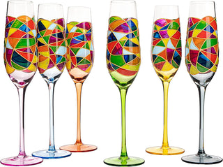 Stained Glass Champagne Flutes Set Of 6 Hand Painted Mouth Blown 7 Ounce Colorful Re