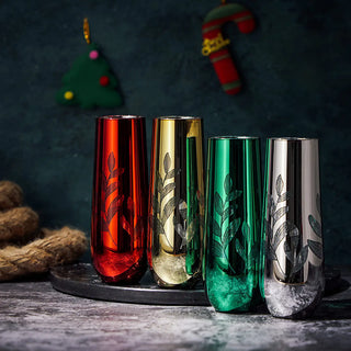 Etched Multicolor Christmas Champagne Flutes Glasses Set Of 4 Red Green Yellow Silver Perfect For Ch