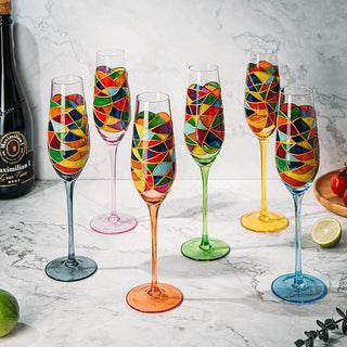 Stained Glass Champagne Flutes Set Of 6 Hand Painted Mouth Blown 7 Ounce Colorful Re