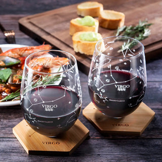 Set Of 2 Zodiac Sign Wine Glasses With 2 Wooden Coasters By Astrology Drinking Glass