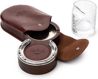 Horseshoe Cigar Coaster Ashtray With A Crystal Whiskey Cigar Glass In A Leather Case