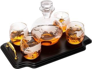 Etched World Map Globe Whiskey Decanter Set 750ML With 4 10OZ Map Glasses 13 H X 13 L By The Wine Sa