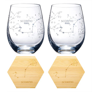 Set Of 2 Zodiac Sign Wine Glasses With 2 Wooden Coasters By Astrology Drinking Glass