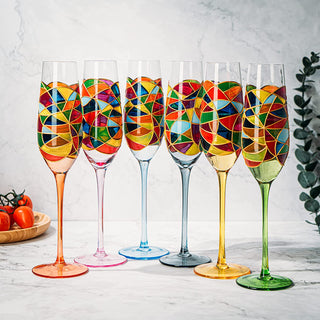 Stained Glass Champagne Flutes Set Of 6 Hand Painted Mouth Blown 7 Ounce Colorful Re