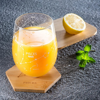 Set Of 2 Zodiac Sign Wine Glasses With 2 Wooden Coasters By Astrology Drinking Glass