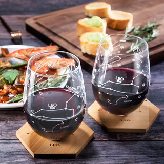 Set Of 2 Zodiac Sign Wine Glasses With 2 Wooden Coasters By Astrology Drinking Glass