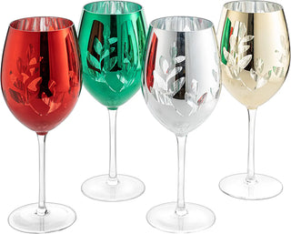 Etched Multicolor Christmas Stemmed Wine Glasses Set Of 4 Red Green Yellow Silver Perfect For Wine C