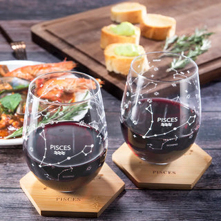 Set Of 2 Zodiac Sign Wine Glasses With 2 Wooden Coasters By Astrology Drinking Glass