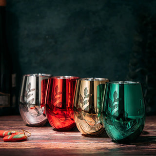 Etched Multicolor Christmas Wine Glass Tumblers Glasses Set Of 4 Red Green Yellow Silver Perfect For