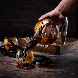 Gold Etched Whiskey Decanter Set Globe With 2 Gold Etched Globe Whisky Glasses Perfect For A Birthda