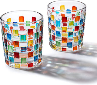 Artisanal Hand Painted Stained Glass Window Whiskey Tumblers 10OZ Set Of 2 By Renais