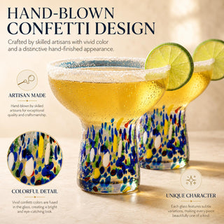 Mexican Hand Blown Glass Set Of 4 Margarita Confetti Bottom Rock Glasses 12 Oz By Me