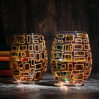 Italian Multicolor Renaissance Stained Glass Rainbow Stemless Wine Glasses Set Of 2 By The Wine Sava