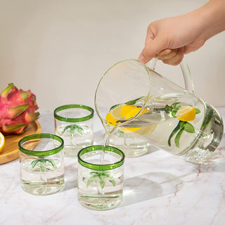 Palm Tree Pitcher Mexican Glassware Set With 4 Green Rim Palm Tree Glasses 9OZ By El