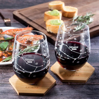 Set Of 2 Zodiac Sign Wine Glasses With 2 Wooden Coasters By Astrology Drinking Glass