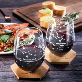 Set Of 2 Zodiac Sign Wine Glasses With 2 Wooden Coasters By Astrology Drinking Glass