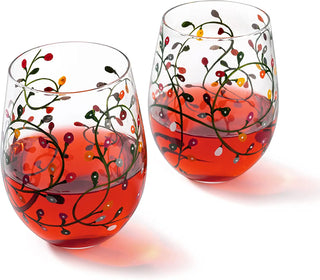 Stemless Christmas Lights Wine Glass Tumblers Glasses Set Of 2 Hand Painted Wine Ornament Light Bulb